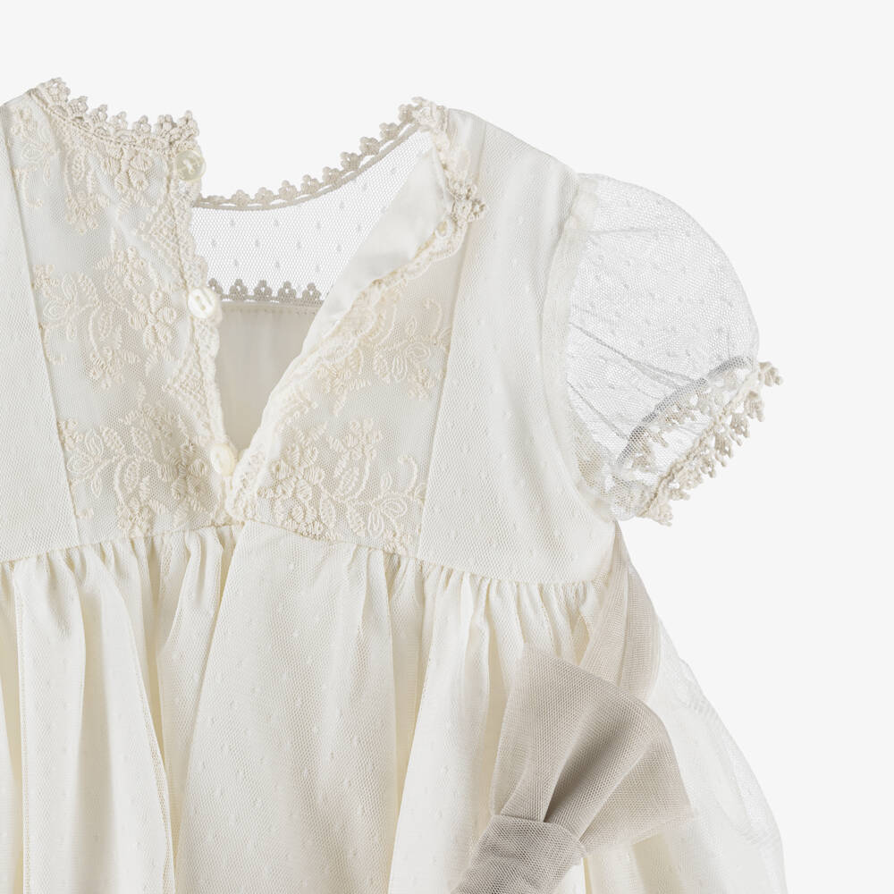 Abuela Tata-Girls Ivory Tulle Dress Set with Lace Trims & Beige Sash | Childrensalon