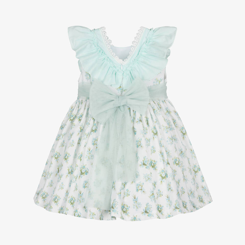 Abuela Tata-Girls Pale Turquoise Floral Print Dress | Childrensalon