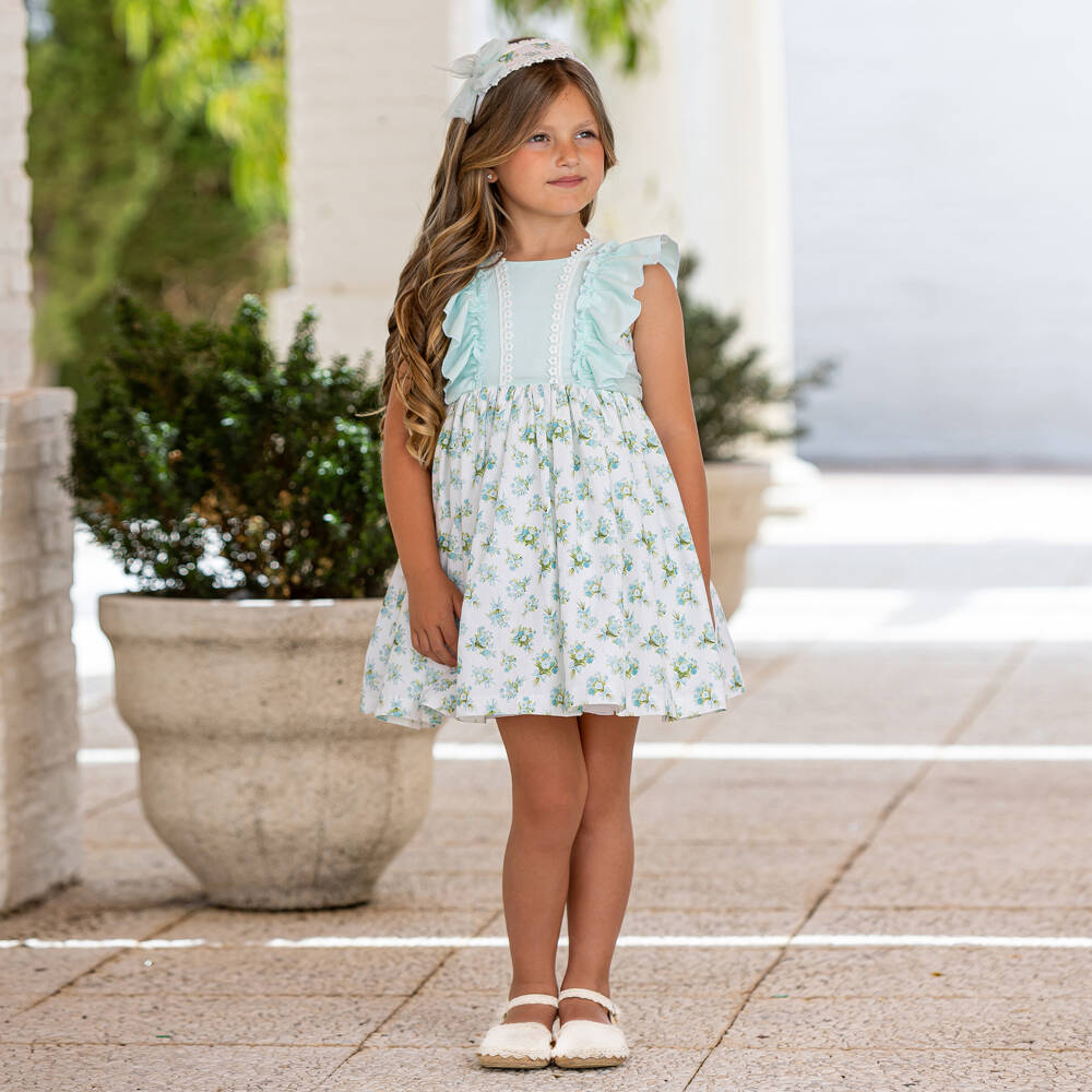 Abuela Tata-Girls Pale Turquoise Floral Print Dress | Childrensalon