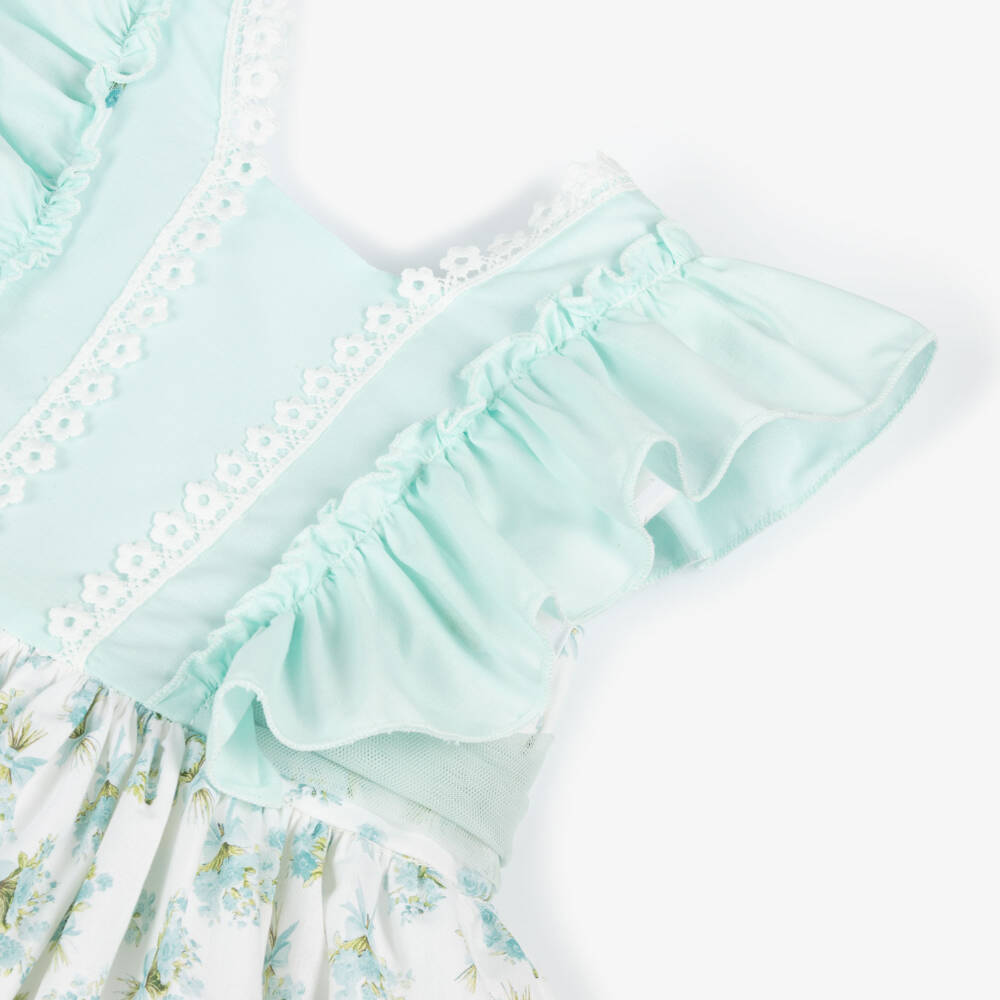 Abuela Tata-Girls Pale Turquoise Floral Print Dress | Childrensalon