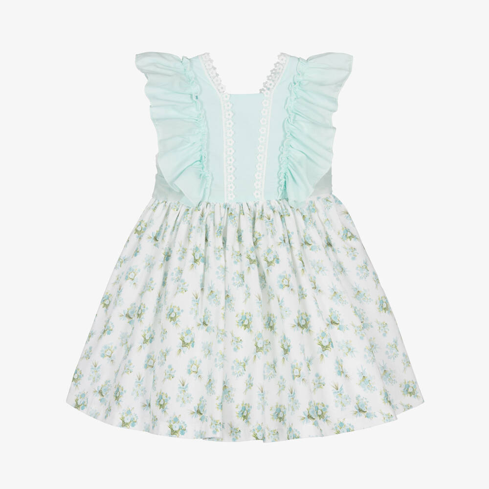 Abuela Tata-Girls Pale Turquoise Floral Print Dress | Childrensalon