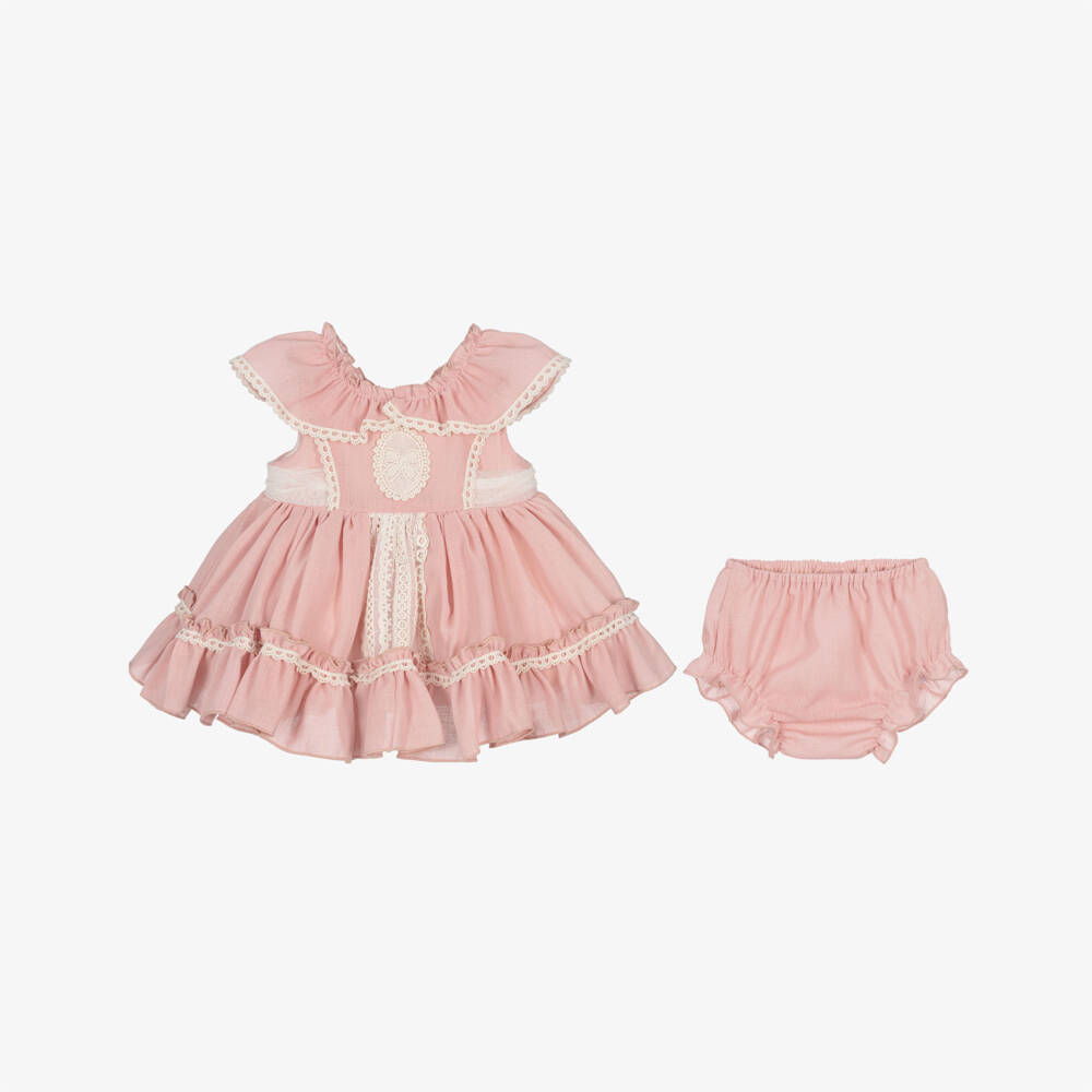 Abuela Tata-Girls Pink Cotton Dress Set with Ivory Lace Trim | Childrensalon