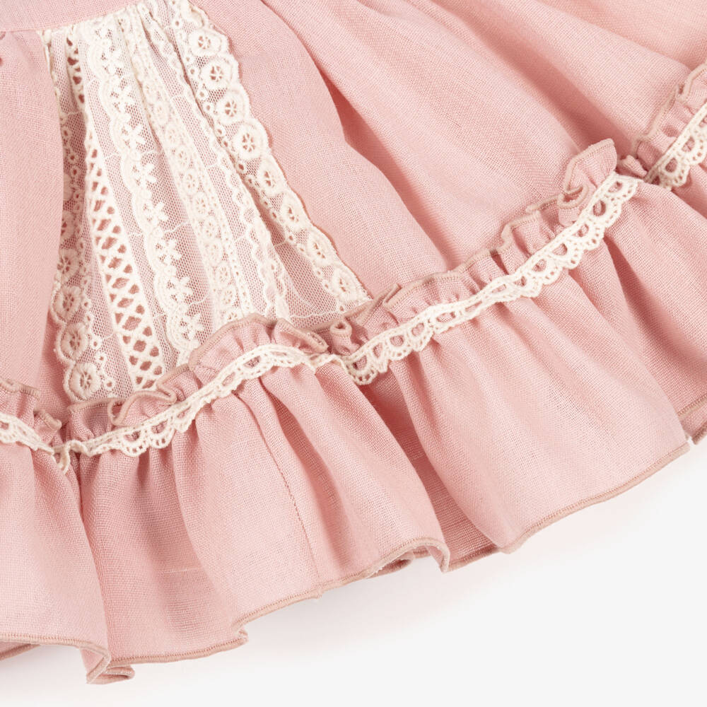 Abuela Tata-Girls Pink Cotton Dress Set with Ivory Lace Trim | Childrensalon