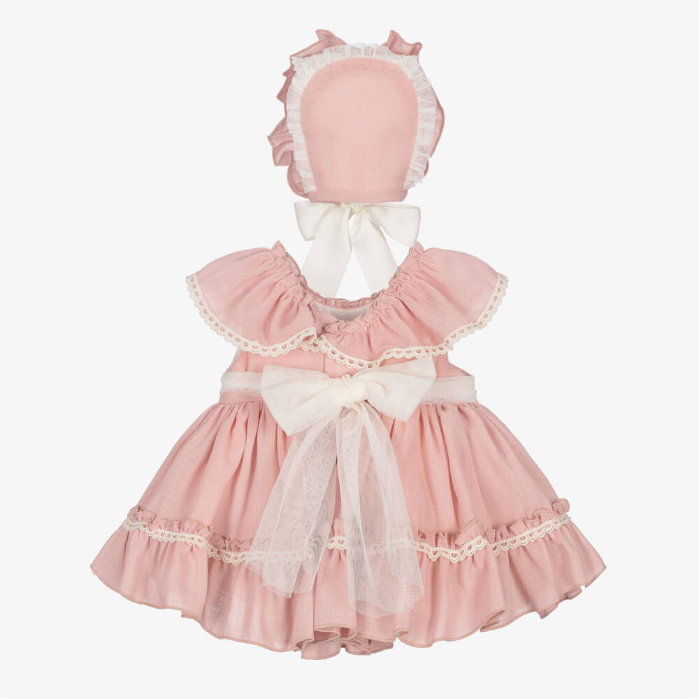 Abuela Tata-Girls Pink Cotton Dress Set with Ivory Lace Trim | Childrensalon