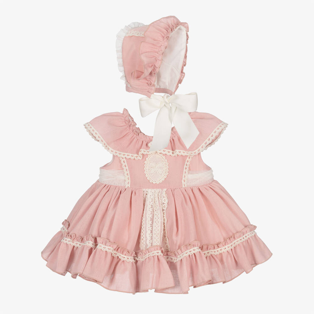 Abuela Tata-Girls Pink Cotton Dress Set with Ivory Lace Trim | Childrensalon