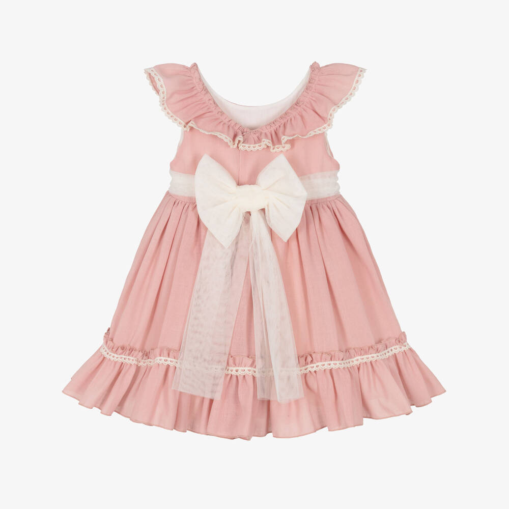 Abuela Tata-Girls Pink Cotton Dress with Ivory Lace & Tulle Trim | Childrensalon