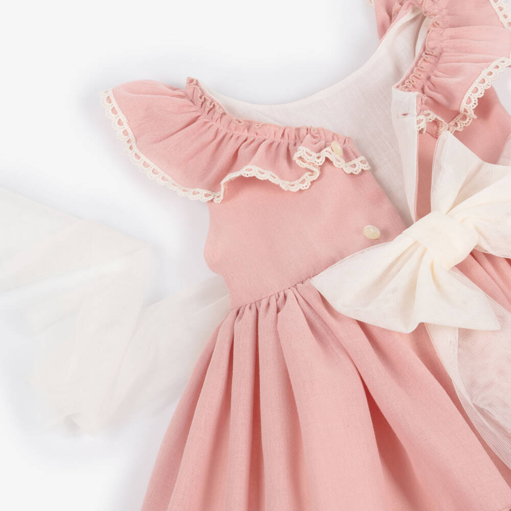 Abuela Tata-فستان قطن ودانتيل وتول لون زهري للبنات | Childrensalon