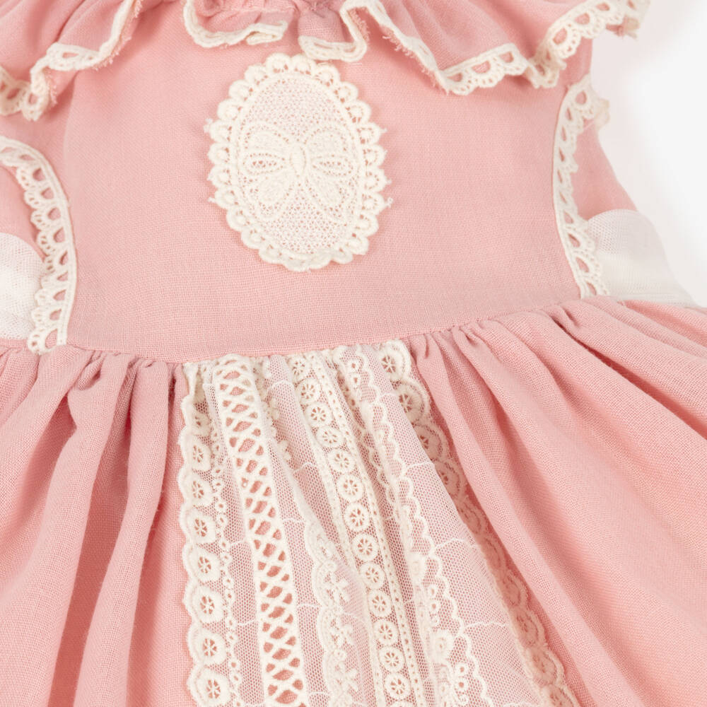 Abuela Tata-Girls Pink Cotton Dress with Ivory Lace & Tulle Trim | Childrensalon