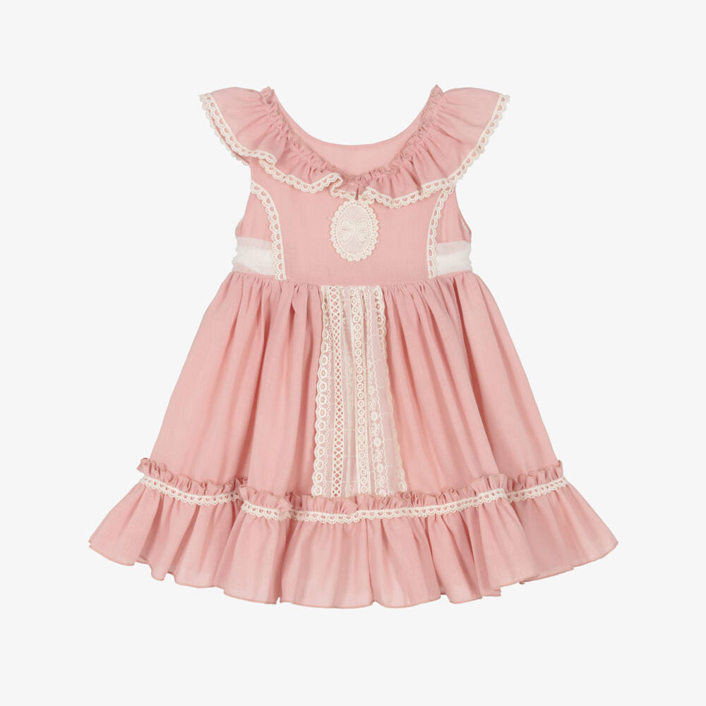 Abuela Tata-Girls Pink Cotton Dress with Ivory Lace & Tulle Trim | Childrensalon