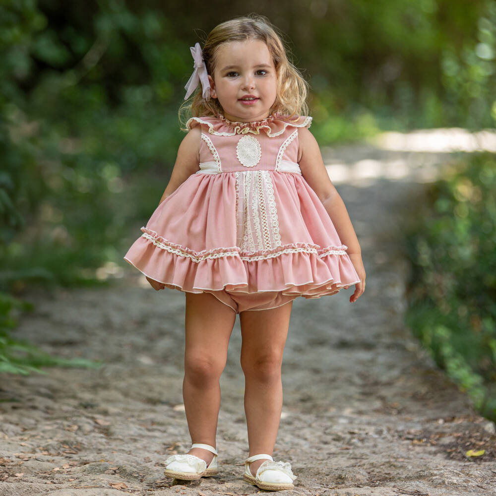 Abuela Tata-Платье розовое хлопковое с кремовым кружевом и отделкой из тюля для девочек | Childrensalon