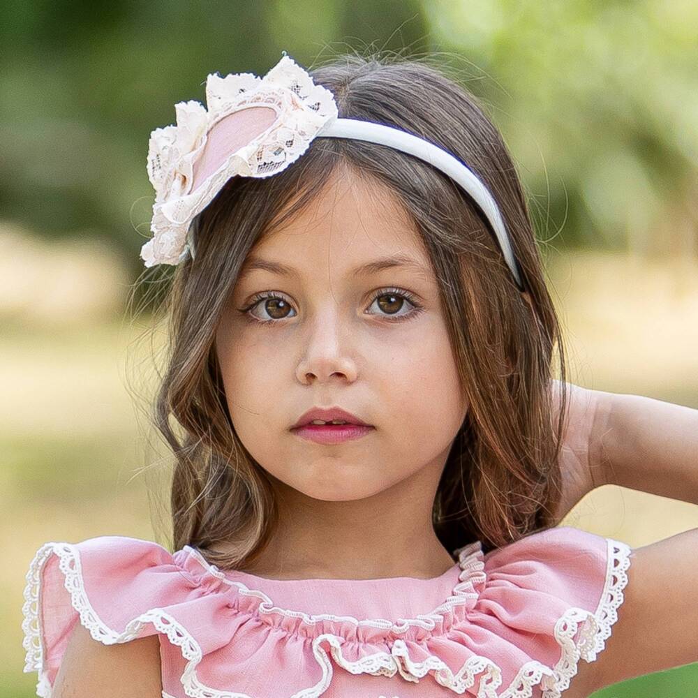Abuela Tata-Girls Pink & Ivory Lace Rosette Hairband | Childrensalon
