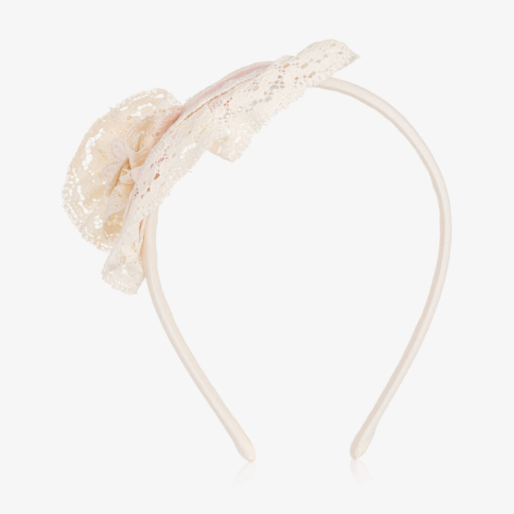 Abuela Tata-Girls Pink & Ivory Lace Rosette Hairband | Childrensalon