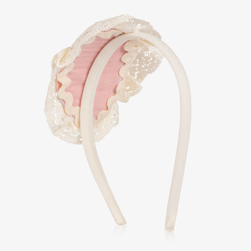 Abuela Tata-Girls Pink & Ivory Lace Rosette Hairband | Childrensalon