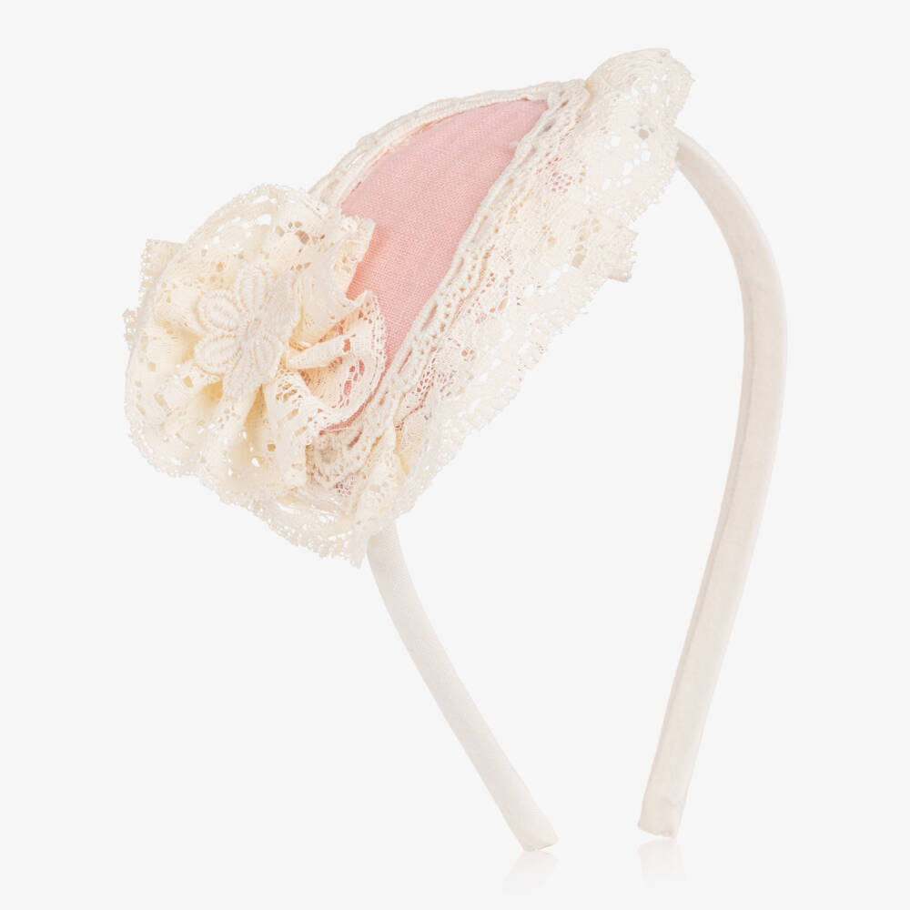 Abuela Tata-Girls Pink & Ivory Lace Rosette Hairband | Childrensalon