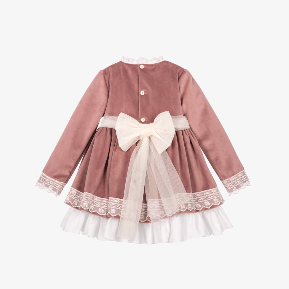 Abuela Tata-Girls Pink Velvet & Lace Dress | Childrensalon