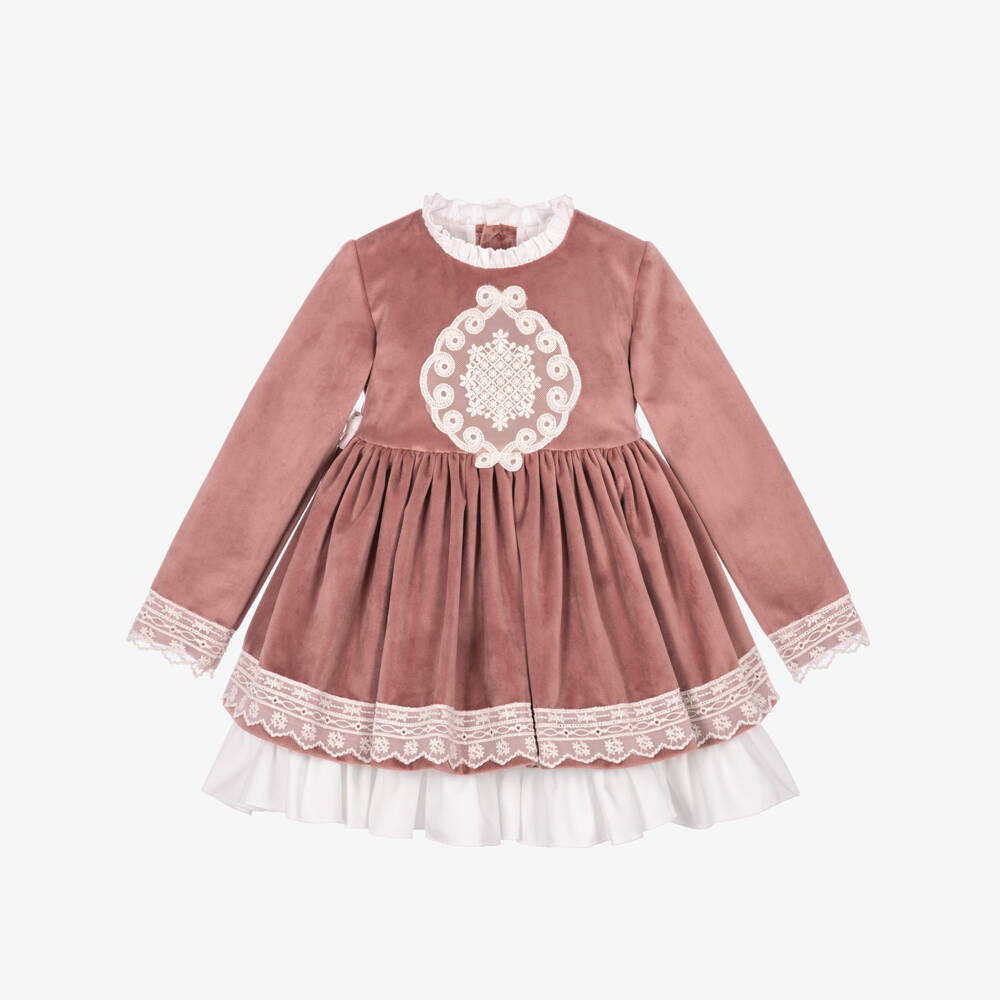 Abuela Tata-Girls Pink Velvet & Lace Dress | Childrensalon