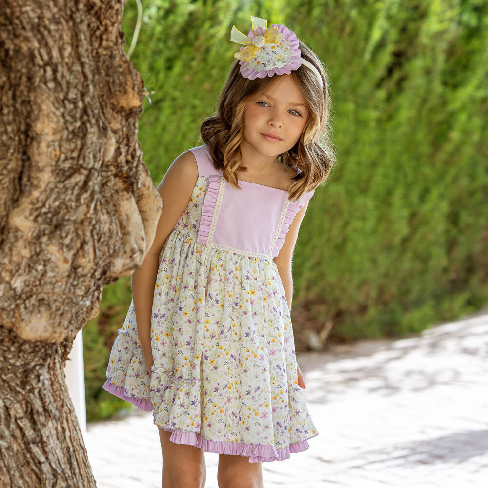 Abuela Tata-Girls Purple & Yellow Floral Print Dress | Childrensalon