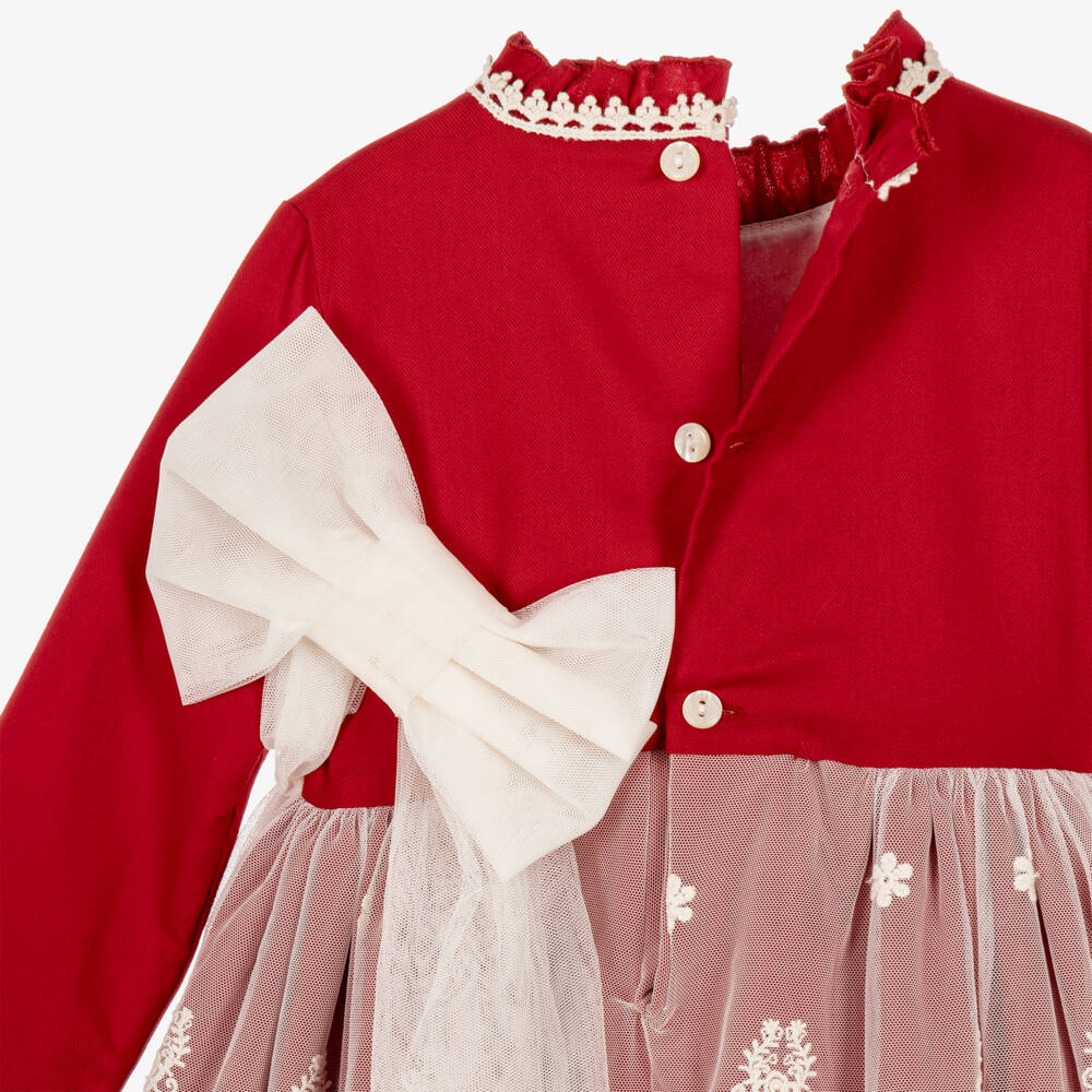 Abuela Tata-Girls Red Cotton & Ivory Lace Dress | Childrensalon