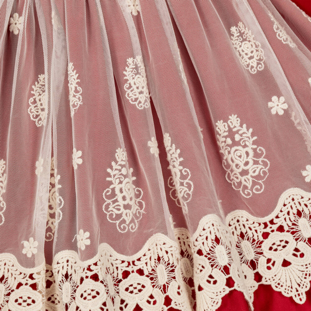 Abuela Tata-Girls Red Cotton & Ivory Lace Dress | Childrensalon