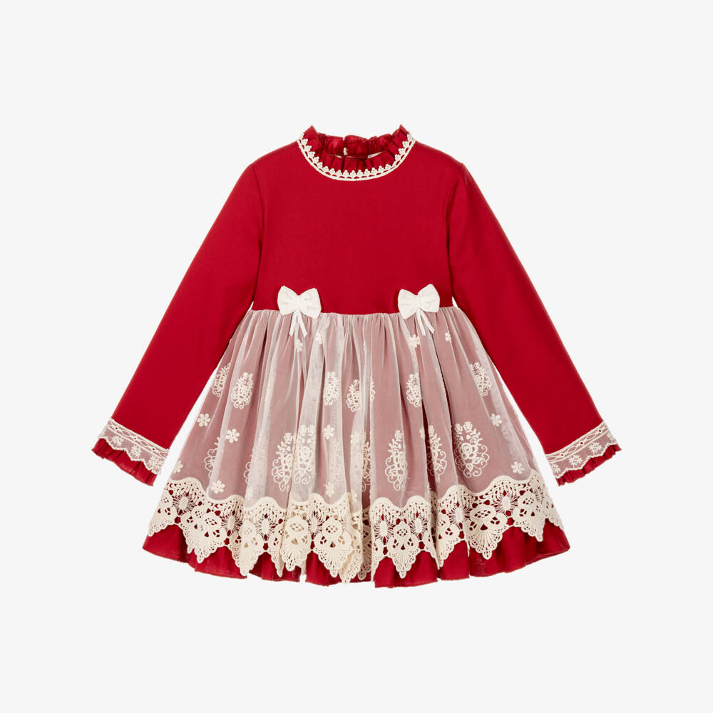 Abuela Tata-Girls Red Cotton & Ivory Lace Dress  | Childrensalon