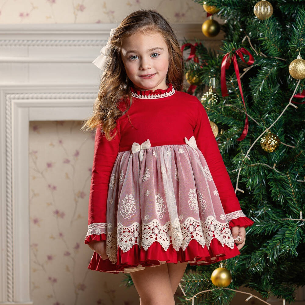 Abuela Tata-Girls Red Cotton & Ivory Lace Dress | Childrensalon