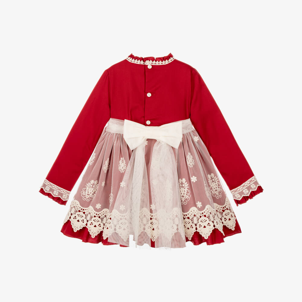 Abuela Tata-Girls Red Cotton & Ivory Lace Dress | Childrensalon