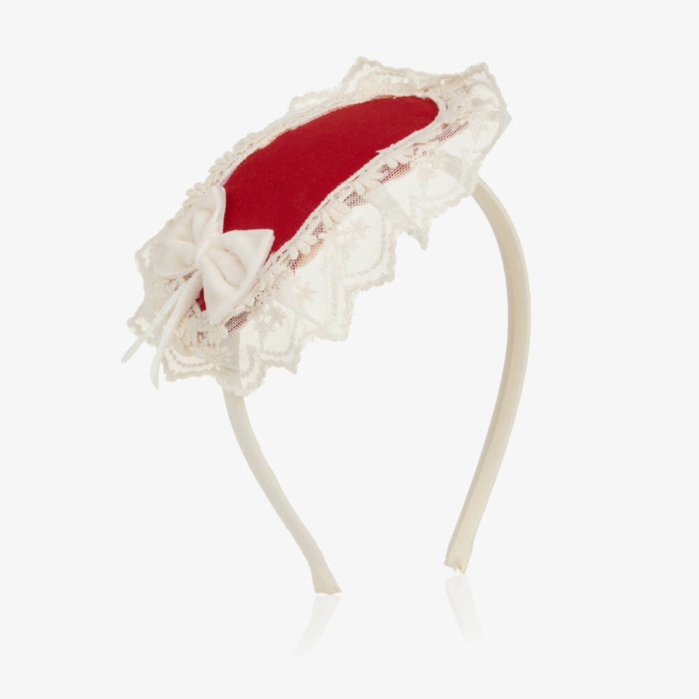 Abuela Tata-Girls Red & Ivory Lace Rosette Hairband | Childrensalon