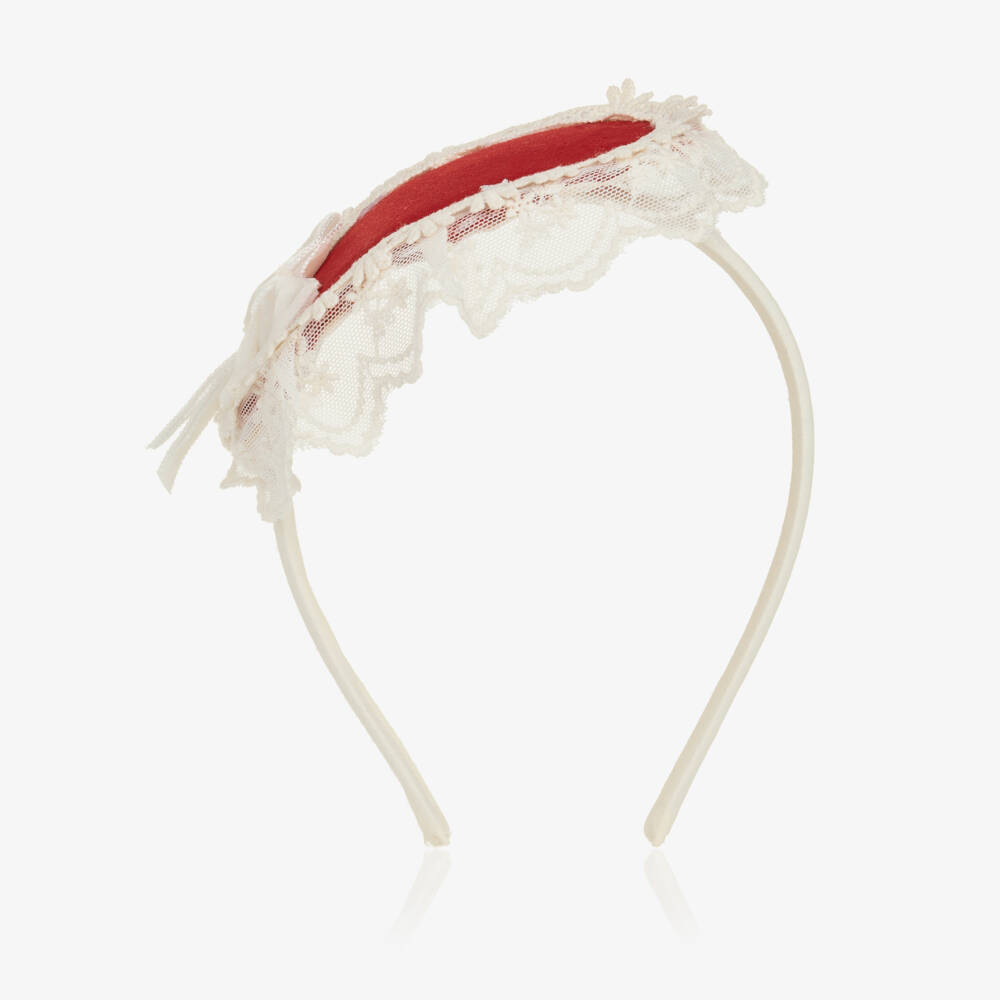 Abuela Tata-Girls Red & Ivory Lace Rosette Hairband | Childrensalon
