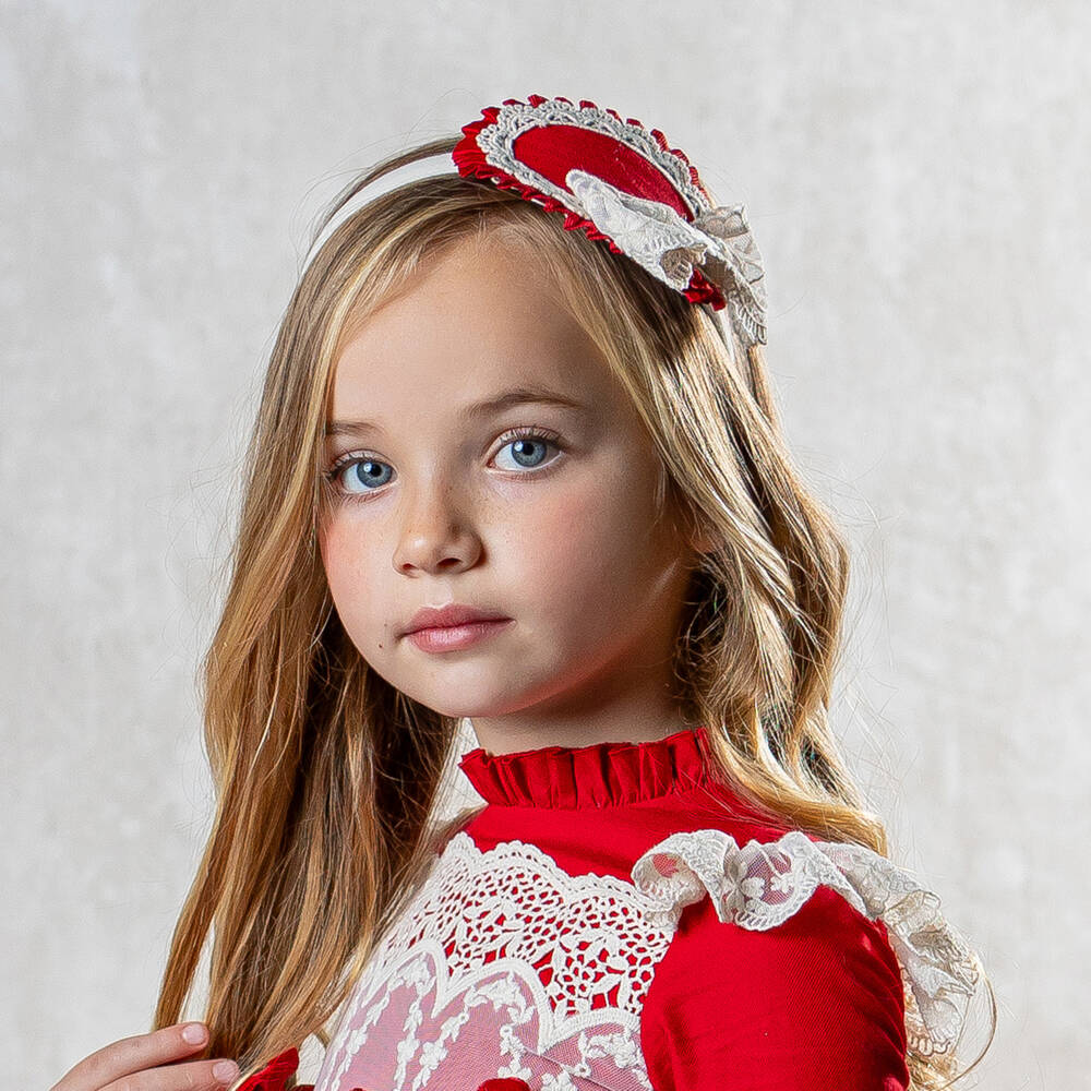 Abuela Tata-Girls Red & Ivory Rosette Hairband | Childrensalon