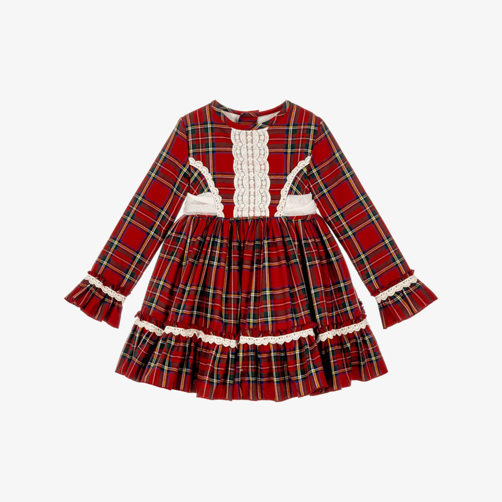 Abuela Tata-Girls Red Tartan & Ivory Lace Dress | Childrensalon
