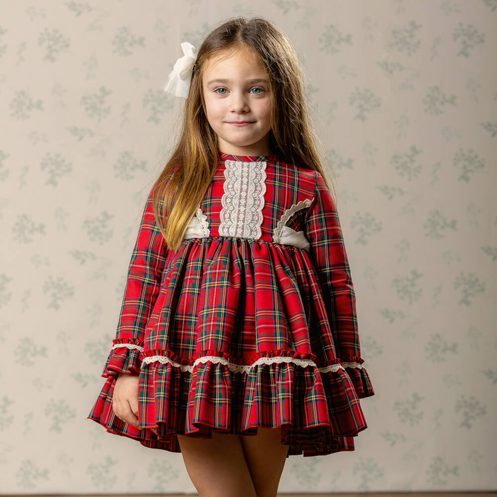 Abuela Tata-Girls Red Tartan & Ivory Lace Dress | Childrensalon