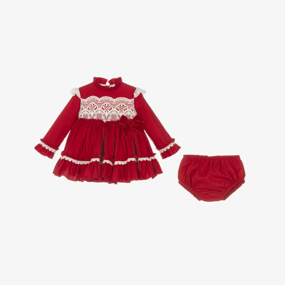 Abuela Tata-Girls Red Twill & Ivory Lace Dress Set | Childrensalon