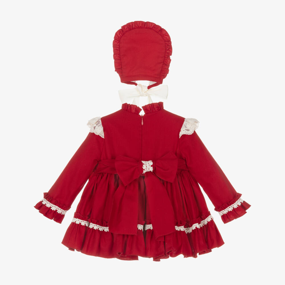 Abuela Tata-Girls Red Twill & Ivory Lace Dress Set | Childrensalon