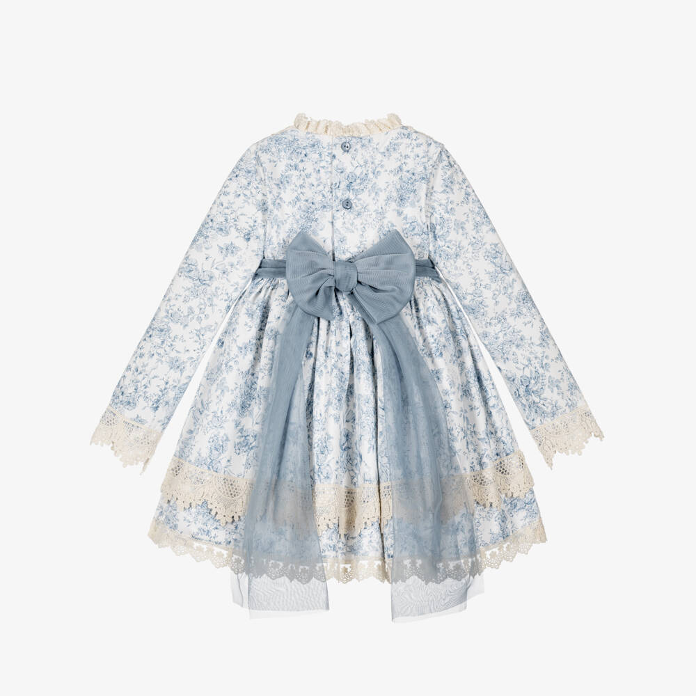 Abuela Tata-Girls White & Blue Floral Print Cotton Dress | Childrensalon