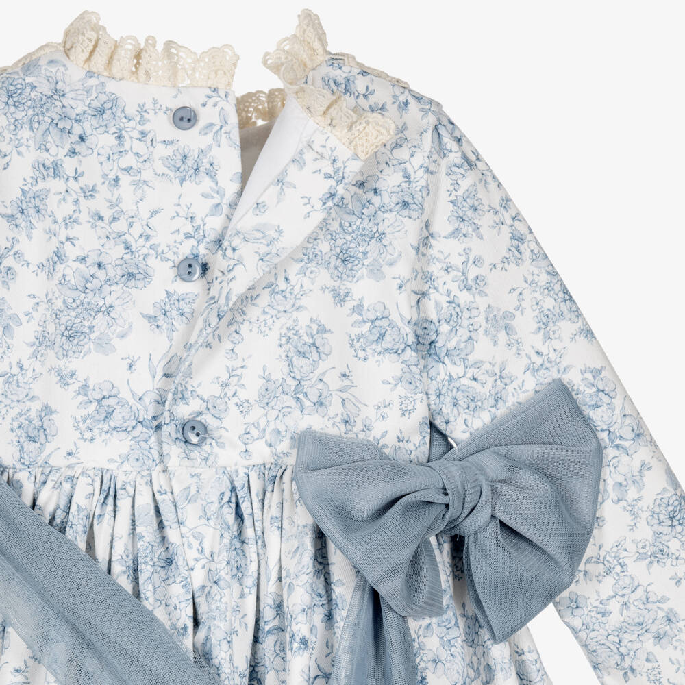 Abuela Tata-Girls White & Blue Floral Print Cotton Dress | Childrensalon
