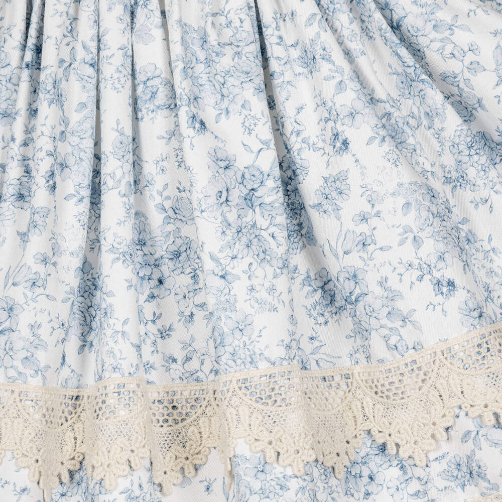 Abuela Tata-Girls White & Blue Floral Print Cotton Dress | Childrensalon