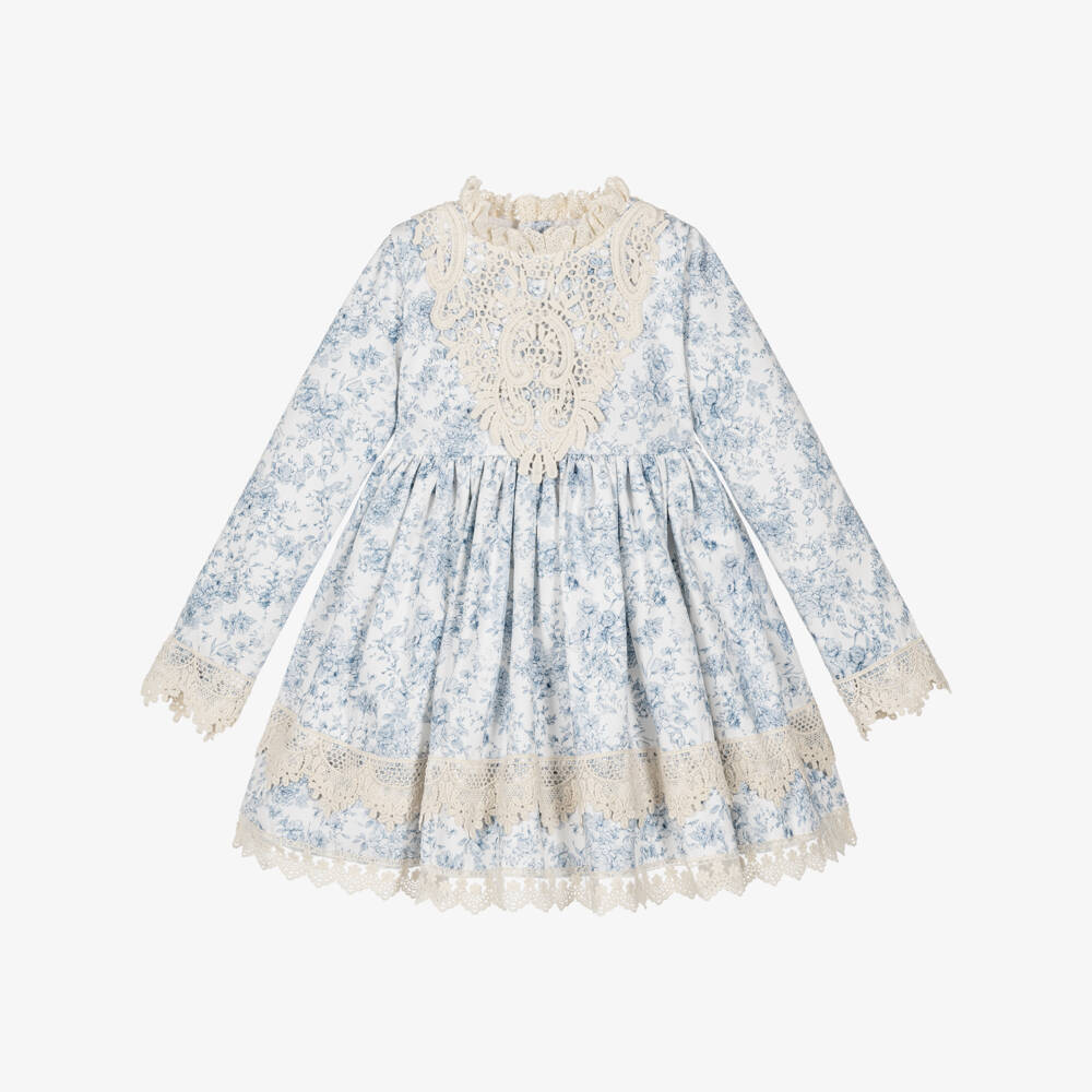 Abuela Tata-Girls White & Blue Floral Print Cotton Dress | Childrensalon