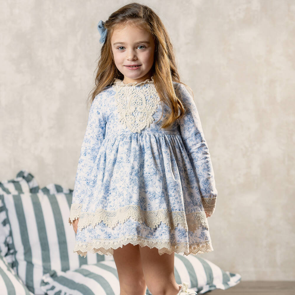 Abuela Tata-Girls White & Blue Floral Print Cotton Dress | Childrensalon