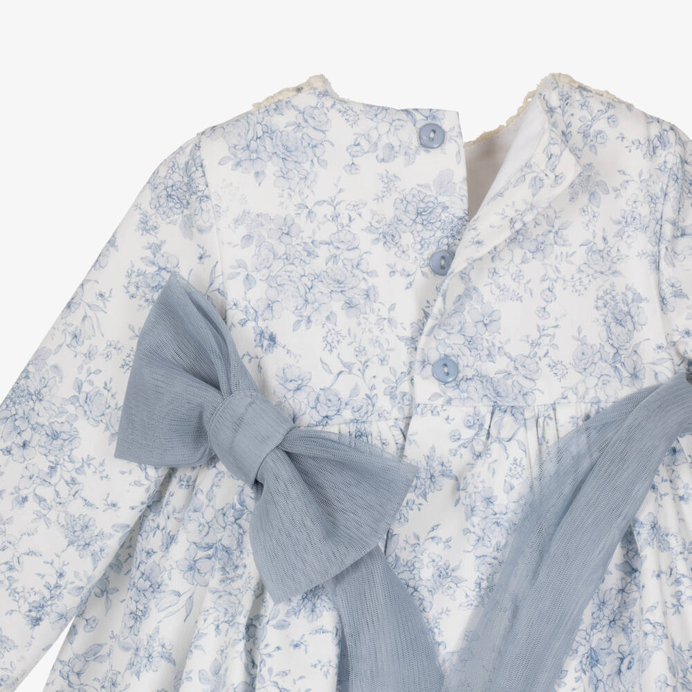 Abuela Tata-Girls White & Blue Floral Print Dress Set | Childrensalon