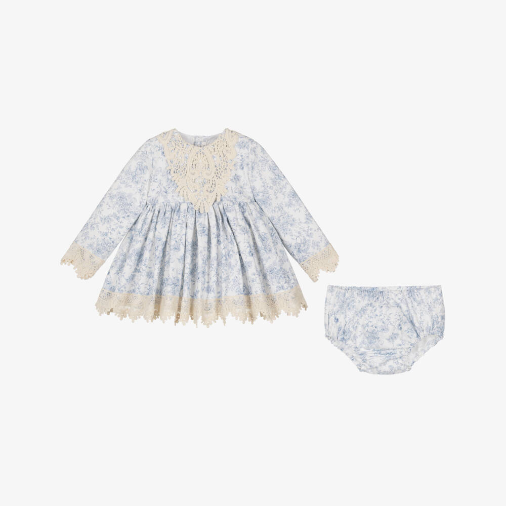 Abuela Tata-Girls White & Blue Floral Print Dress Set | Childrensalon