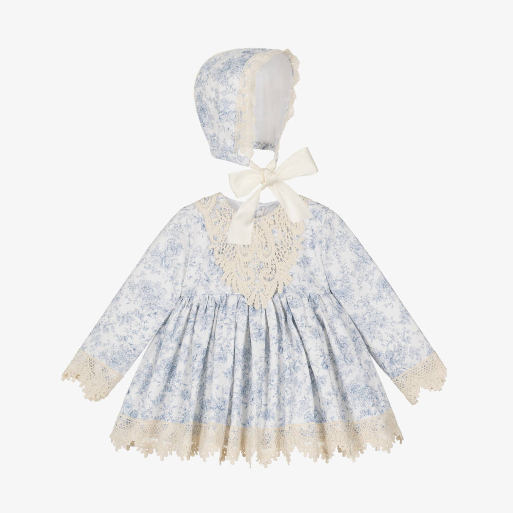 Abuela Tata-Girls White & Blue Floral Print Dress Set | Childrensalon