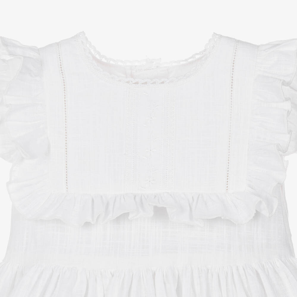Abuela Tata-Girls White Cotton Ruffle Dress with Blue Sash | Childrensalon