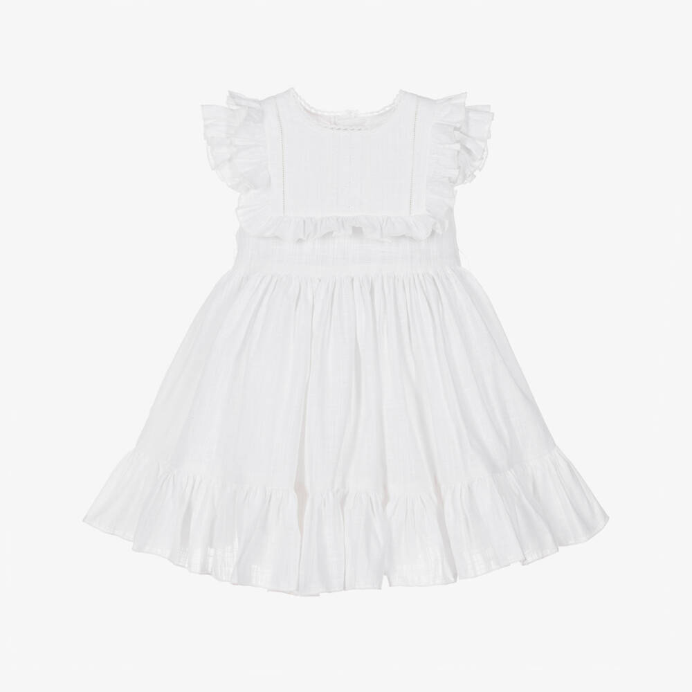 Abuela Tata-Girls White Cotton Ruffle Dress with Blue Sash | Childrensalon
