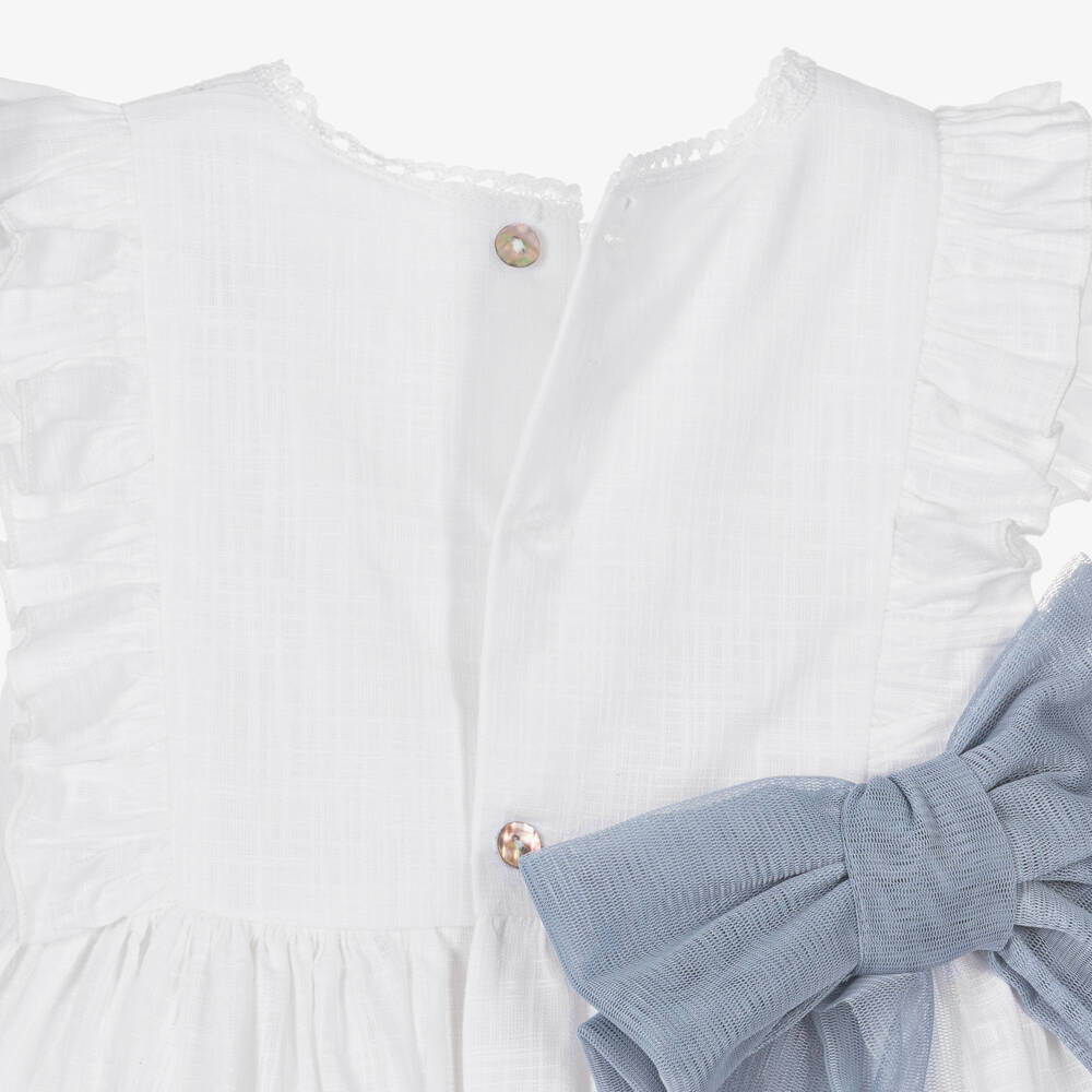 Abuela Tata-Girls White Cotton Ruffle Dress with Blue Sash | Childrensalon