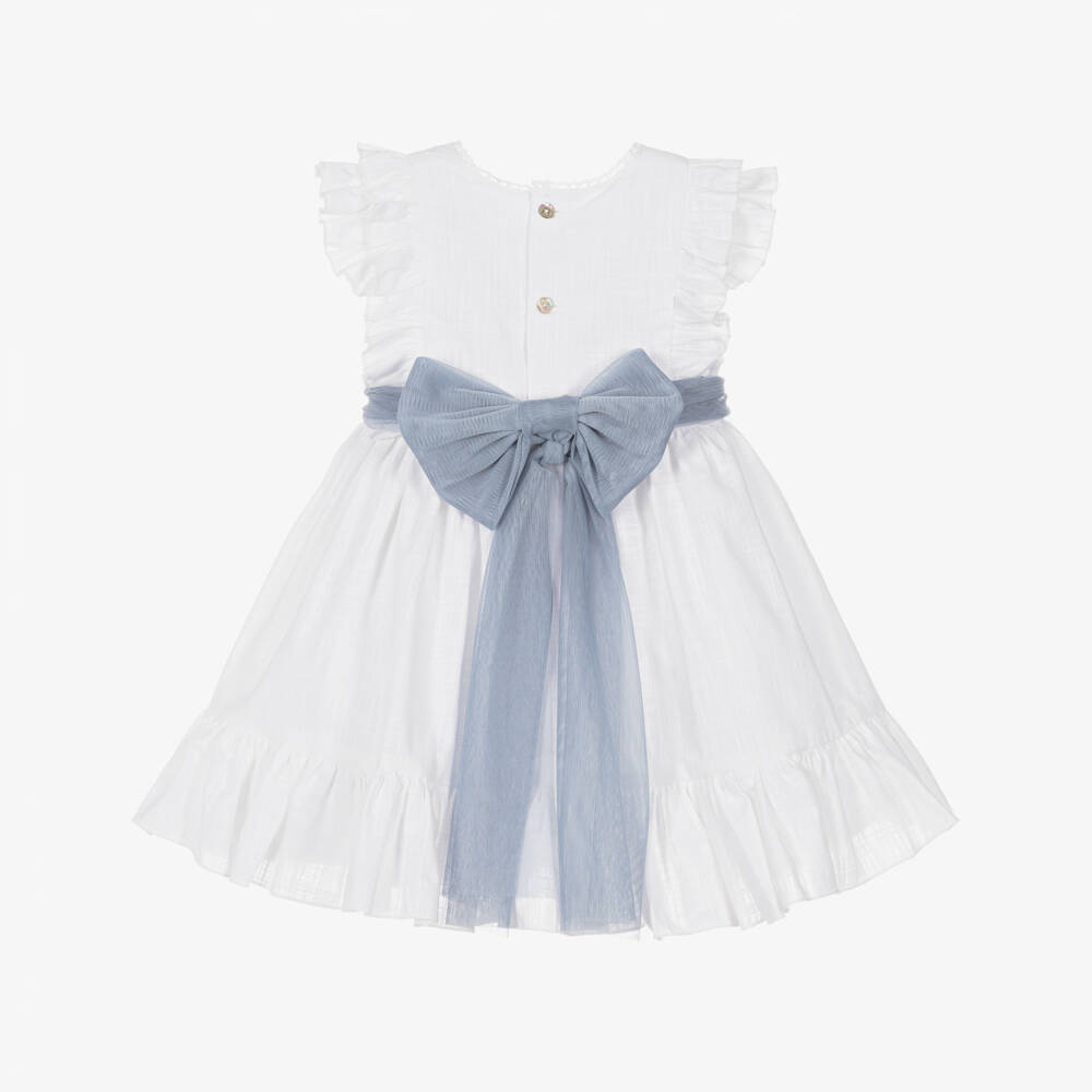 Abuela Tata-Girls White Cotton Ruffle Dress with Blue Sash | Childrensalon