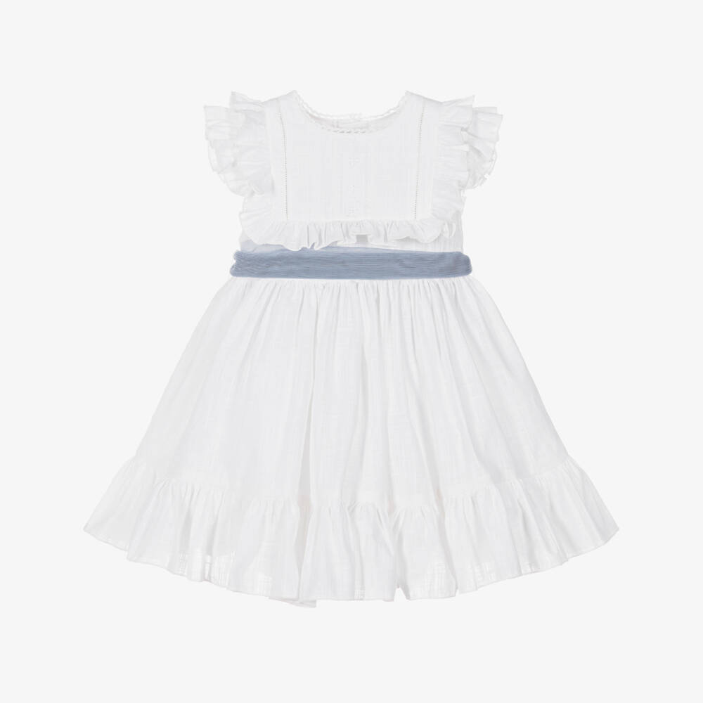 Abuela Tata-Girls White Cotton Ruffle Dress with Blue Sash | Childrensalon