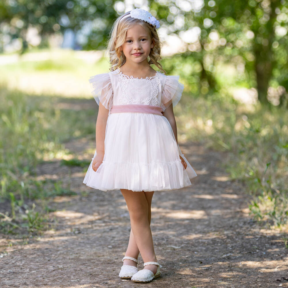 Abuela Tata-Girls White Tulle Dress With Sash | Childrensalon