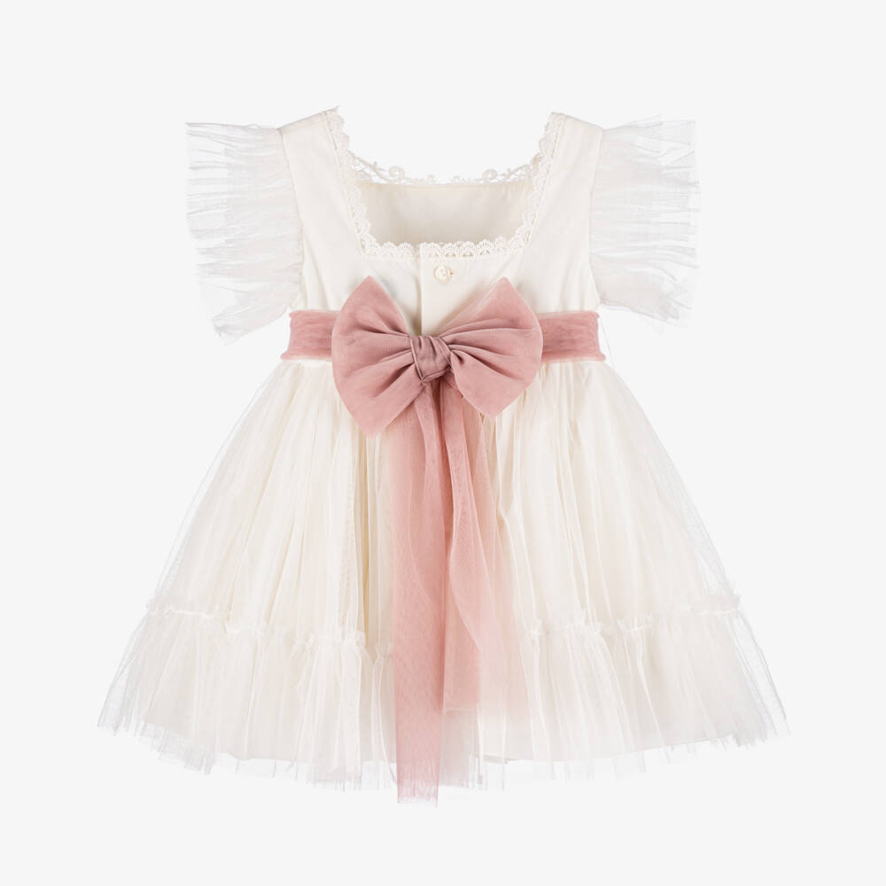 Abuela Tata-Girls White Tulle Dress With Sash | Childrensalon