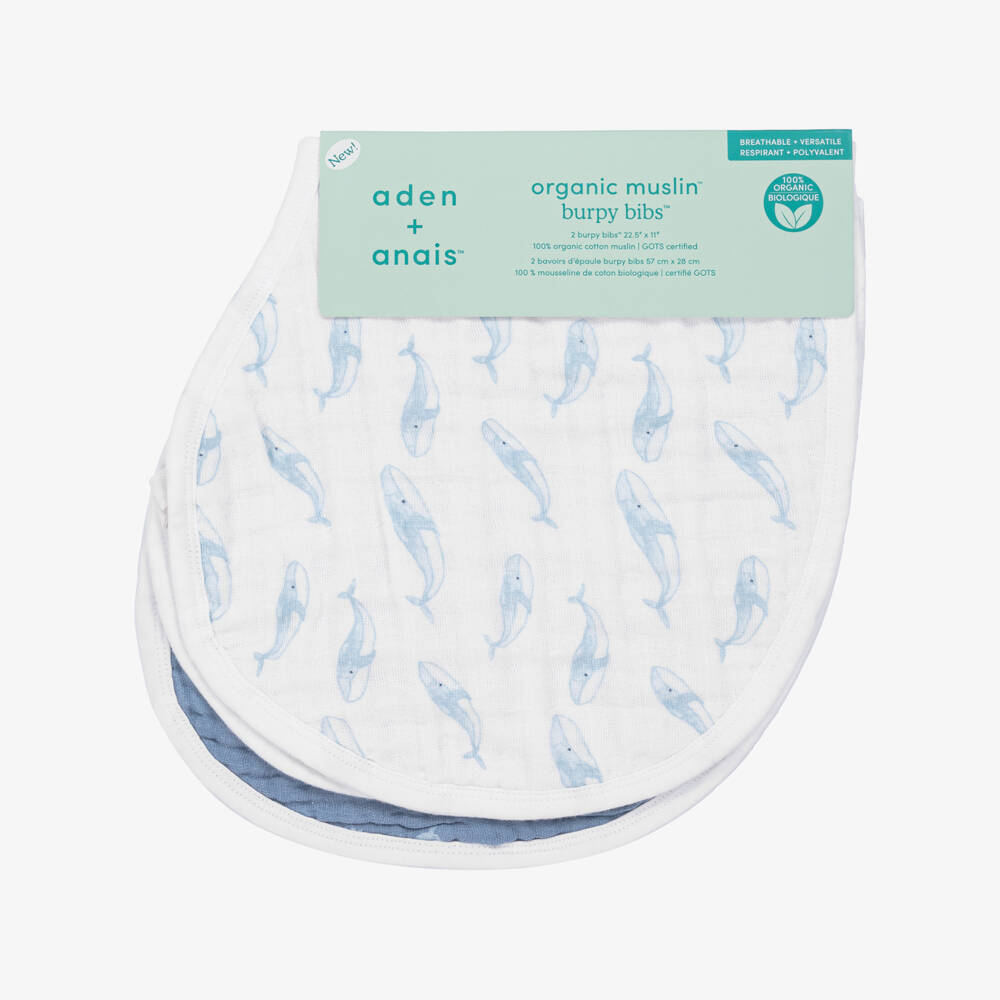 aden + anais-Blue Whale Print White Organic Muslin Burp Bibs (2 Pack) | Childrensalon