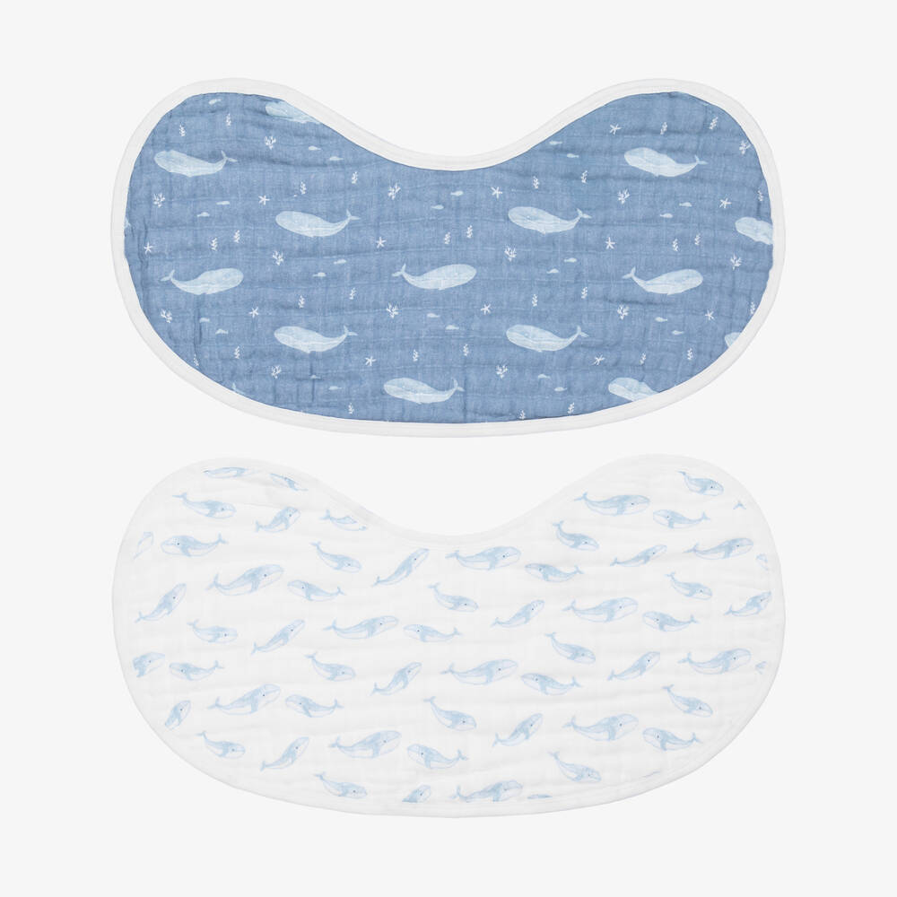 aden + anais-Blue Whale Print White Organic Muslin Burp Bibs (2 Pack) | Childrensalon